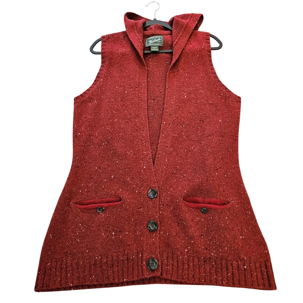 Woolrich Womens XL Red Donegal Knit Hooded Sweater Vest‎ Cardigan Wool Blend